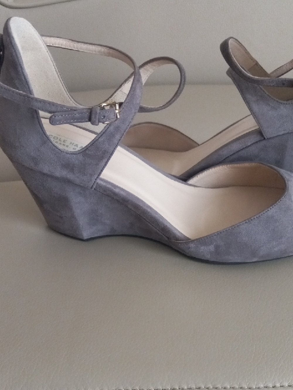 Cole Haan Gray Suede Architectural Wedge Heels with Buckled Ankle Strap Size 7.5 - Picture 13 of 16